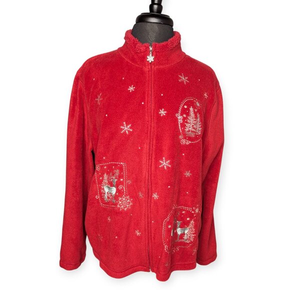 Croft & Barrow Festive Red Zip Front Fleece Jacket Snowflake Design Size PXL - Picture 1 of 15